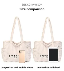 Comparaison de taille montrant la capacité du cabas en velours avec iPad et mobile