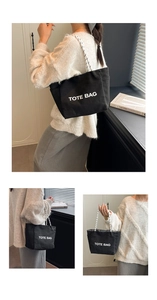 Detailed views of a black canvas tote bag with white text and striped woven handles