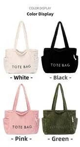Vue détaillée en grille des sacs fourre-tout en velours côtelé blanc, noir, rose, vert
