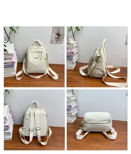 Detailansichten des beigen Nylon-Rucksacks aus Front-, Seiten-, Rück- und Bodenperspektive
