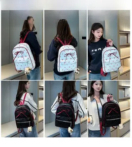 Polka dot backpack with bow tie and teddy bear pendant shown on models in six angles