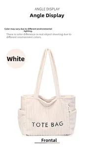 Détail du sac cabas en velours côtelé blanc montrant la texture côtelée et la broderie noire