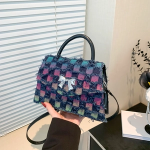 Women Crossbody Bag Denim Fabric Star Plaid Pattern Frayed Fringed Edges Metal Bow Buckle Casual Daily Trendy Handbag