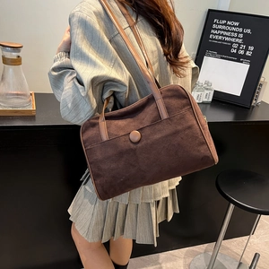 Vintage suede patchwork tote bag for women featuring deep brown and caramel color blocking