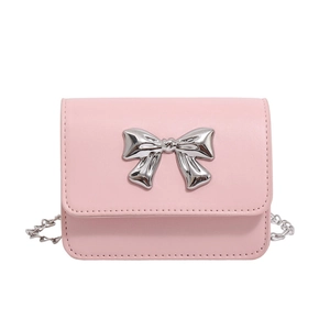 Pink PU leather crossbody bag with silver butterfly charm and metal chain strap