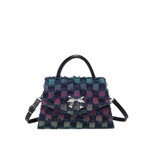 Sac bandoulière minimaliste en tweed à carreaux avec fermoir nœud argenté et anses cuir