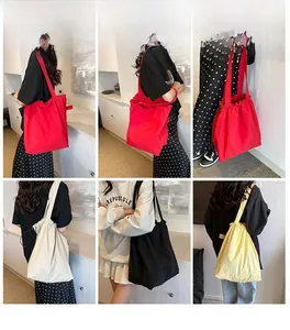 Collage of large canvas tote bags in red, beige, black and yellow with drawstring details