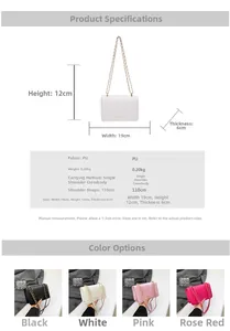 Detailed size specifications and material chart for the vertical quilted chain crossbody bag