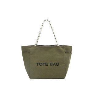 Olive green canvas tote bag with woven rope handles and front logo for daily commute