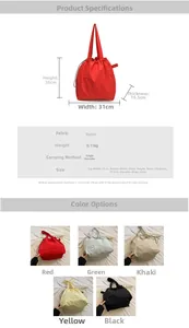 Detailed view of lightweight nylon drawstring tote bags showing various colors and dimensions