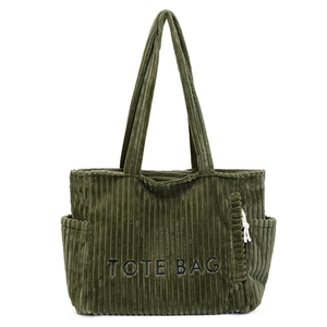 Army green corduroy tote bag with TOTE BAG logo and side pockets for women