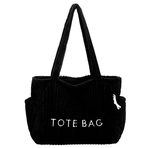 Große schwarze Cord-Einkaufstasche mit TOTE BAG-Aufdruck für Damen im Herbststil