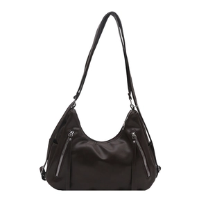 Minimalist dark coffee hobo bag in matte faux leather with side silver zipper detail