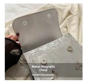 Detail of silver cracked texture bag featuring magnetic buckles and metal butterfly