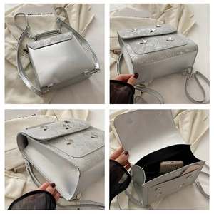 Silver metallic butterfly backpack showing multiple views including interior and textures