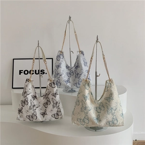 Lace butterfly canvas hobo bag in three colors with gold chain strap for women