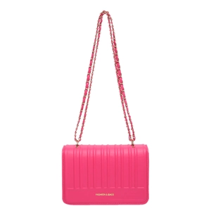 Fuchsia quilted leather chain shoulder bag with vertical stitching and gold logo