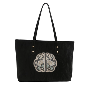 Retro Chinese style black velvet tote bag with floral embroidery and gold rivets