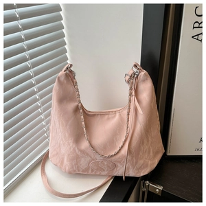 Pink marble pattern Hobo bag with metal chain strap and adjustable fabric crossbody strap