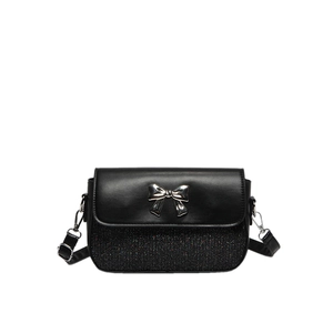 Black glitter crossbody bag with silver bow detail and adjustable shoulder strap