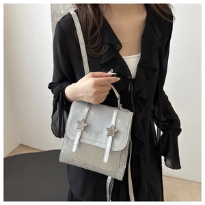 Detail of silver metallic star-adorned bag with Fashion & Bags Leather inscription