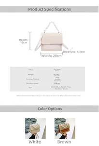 Detail showing dimensions and structure of pearl handle straw bag in white and brown