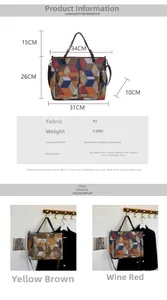Detailed size chart and specifications for the large capacity faux leather tote bag