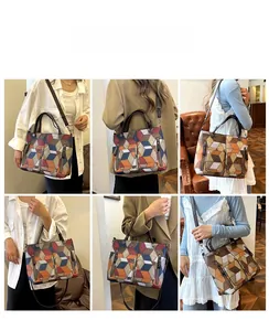 Collage of model showing vintage patchwork tote bag with detachable crossbody strap
