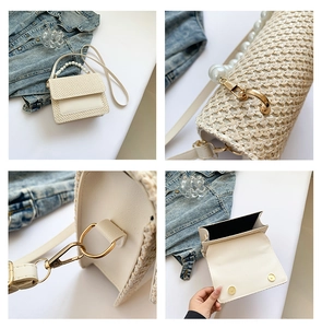 Close-up of pearl handle and woven texture on a minimalist cream crossbody bag