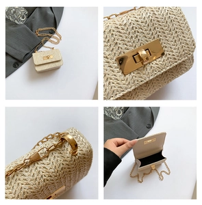 Macro detail of beige woven texture and gold twist lock on minimalist crossbody bag