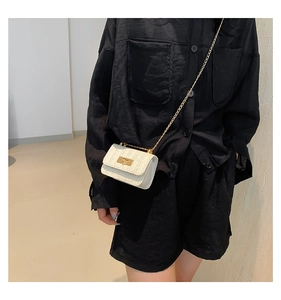 Detail of white woven mini crossbody bag with gold twist lock and fine chain strap
