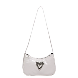 White glossy PU leather underarm bag with large sparkling crystal heart decoration