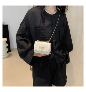 Detail of woven straw mini bag featuring a gold twist lock and fine chain strap