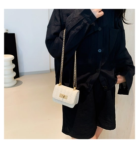 Detail of white woven straw crossbody bag featuring a gold chain strap and metal turn-lock