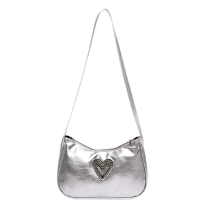 Silver metallic shoulder bag with rhinestone heart detail and textured faux leather finish