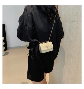 Close-up of beige woven straw crossbody bag with golden chain strap and metal lock