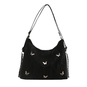 Black large capacity hobo bag with silver butterfly studs and adjustable shoulder strap