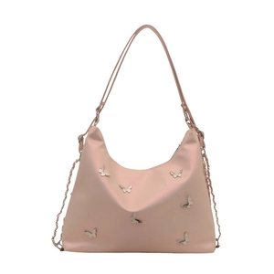Pink satin hobo shoulder bag with silver butterfly charms and adjustable strap