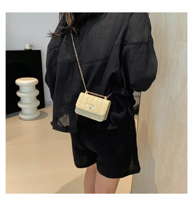 Detail of beige straw woven crossbody bag with gold chain strap and metal turn-lock