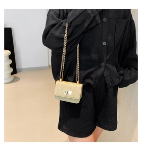 Detailed texture of beige woven straw crossbody bag with golden chain and clasp