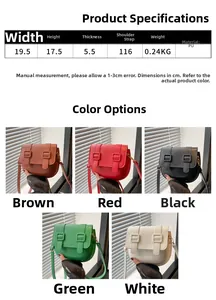 Detailed size chart and multi-color specifications for the PU leather saddle crossbody bag