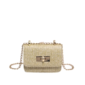 Mini straw crossbody bag with golden chain strap and buckle closure for summer fashion