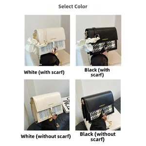 Comparison of black and white tweed crossbody bags with and without decorative silk scarves