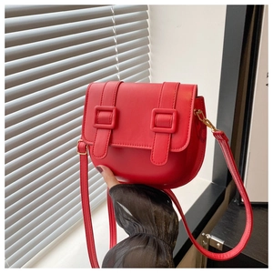 Detailed macro view of the red saddle bag with matte leather finish and gold hardware