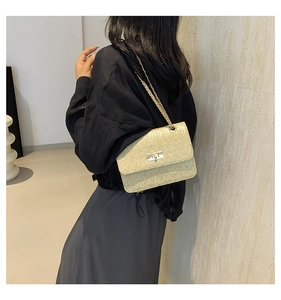 Detail view of woven straw shoulder bag with gold chain strap on a model shoulder