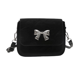 Chic black pleated shoulder bag with a silver metal bow accent and adjustable strap