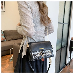 Chic black and white tweed crossbody square bag with gold chain and fashion lettering