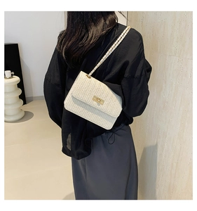 Model wearing a stylish beige woven crossbody bag with gold chain and metal twist lock
