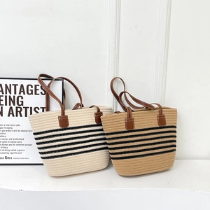 Mode Gewebt Streifen Tragetasche Große Kapazität Lässige Strand Umhängetasche Mit Kunstleder Riemen Sommer Handtasche Damen