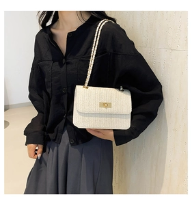 Detail of white woven flap bag with gold twist-lock and chain strap for summer fashion